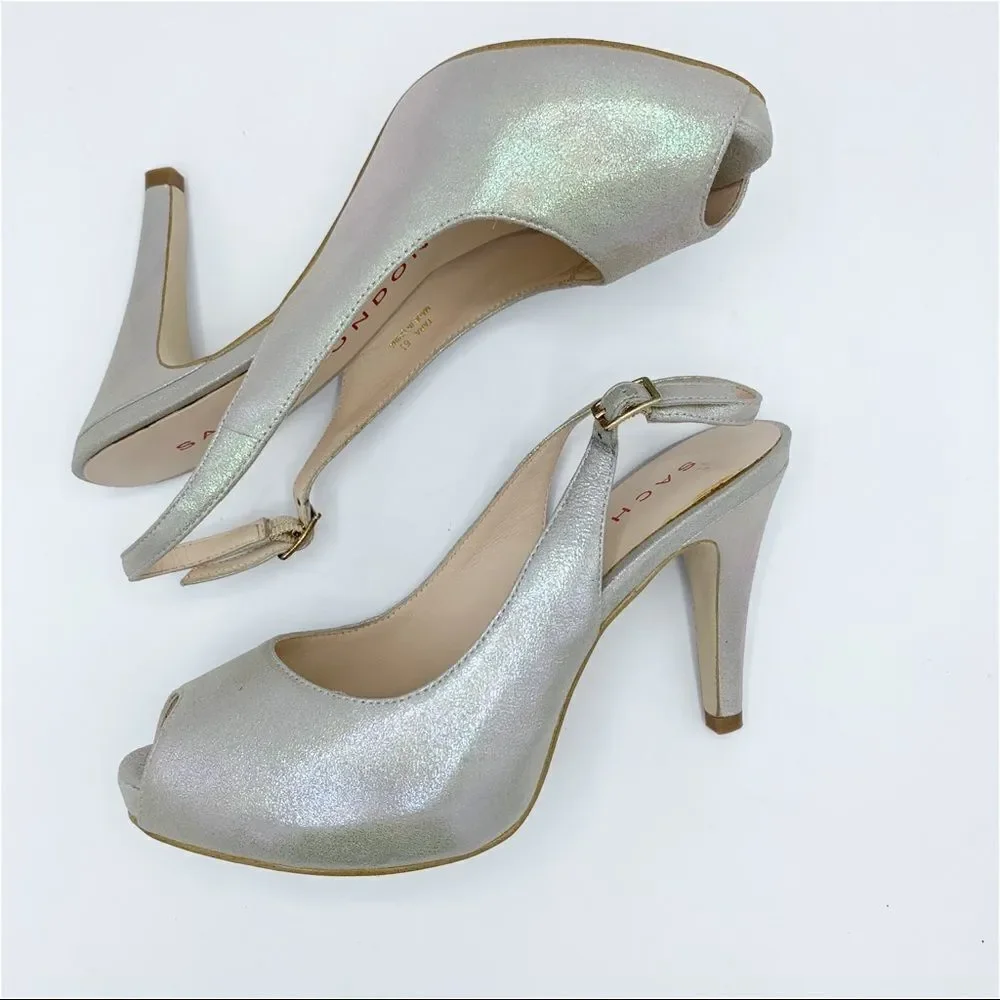 Lulu Townsend‎ Tara Iridescent Silver Sling Back Peep Toe Platform Evening Heels